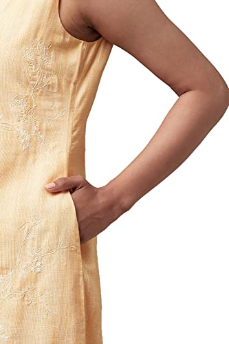 Image of W for Woman Women's Light Orange Cotton Sleeveless Dress with Floral Print Above The Knee