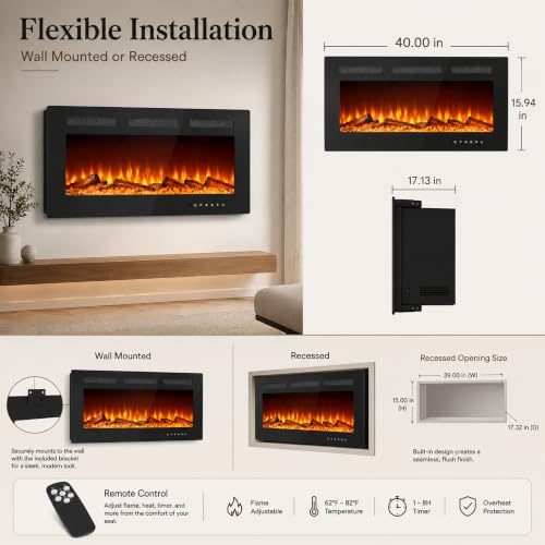 Image of GarveeTech 40 Inch Black Electric Fireplace, 750W /1500W Wall Mounted Heater