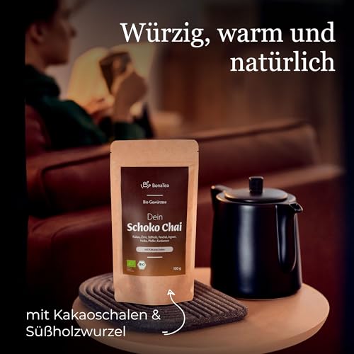 BIO Schoko-Chai Gewürztee ohne Zucker mit Kakaoschalen, Zimt, Süßholz und weiteren aromatischen Chai-Gewürzen, 100g