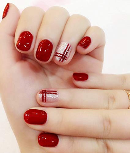 Skyvan 24 PCS Set Press On Short False Nails Full Cover Hot Silver Cross Red Fake Nails Tips with Design Including Glue and Adhesive Tab for Women and Girls