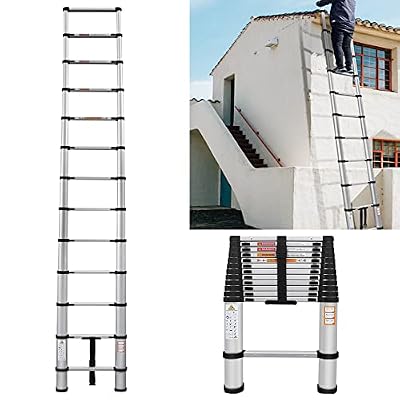 Aluminum Telescoping Portable Extension Ladder - 12.5FT Anti-Slip, Multi-Purpose Lightweight Folding Ladder for Home, Outdoor & Attic - 330lb Capacity