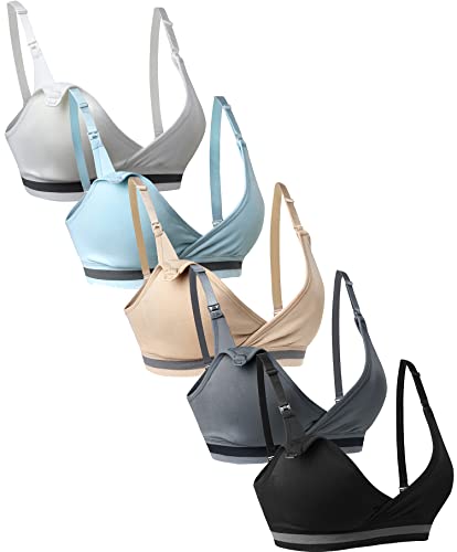 Suekaphin 5Pack Nursing Bra Deep V Neck for Breastfeeding,Seamless Maternity Bralette Wirefree Padded Cup Nursing Bra,Large,Black/Beige/White/LightBlue/Gray