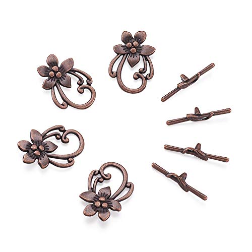 Beadthoven 10sets Plated Flower Tibetan Style Toggle Clasps Red Copper T-Bar Bracelets Necklaces Clasps Sets for Jewelry Making DIY Crafts Finding Accessory