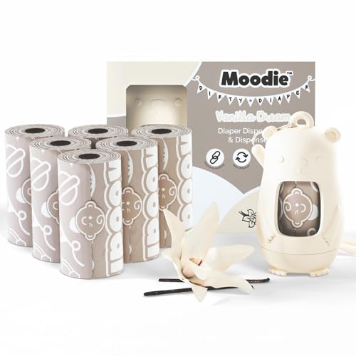 Image of Moodie Disposable Diaper Bags Dispenser COMBO PACK | 105 VANILLA SCENTED Baby Poop Bags TOTAL | Dirty Diaper Trash Bags | Diaper Bags Disposable (VANILLA DREAM)