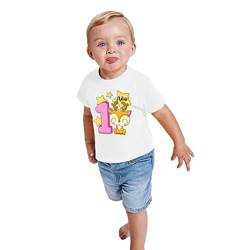 Camiseta 1 Año para Bebés - Prenda Feliz Cumpleaños Divertida de algodón, Manga Corta y Tacto Suave para bebé de 12 Meses (12 Meses, Ciervo)