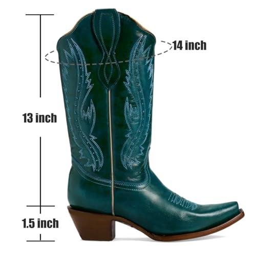 Women Vintage Embroidered Cowboy Boots Knee High Western Boots Chunky Stacked Heel Pointed Square Toe Mid Calf Cowgirl Boots Metallic Matte Pull On V Cut Fall Boot Exotic 4-11 M US2