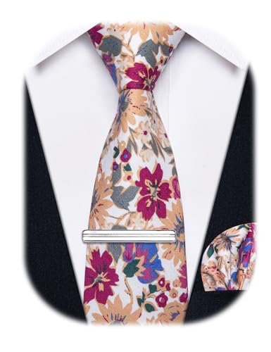 Image of YourTies Cotton Floral Tie for Men 2.5 inch Printed Skinny Necktie Pocket Square Tie Clip Set Flower Wedding Party Groom