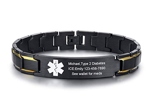 VNOX Free Custom Engraving-Unisex 2 Tone Brushed Stainless Steel Emergency Medical Alert ID Adjustable Bracelet Wristband (Yellow,Custom Engraving)