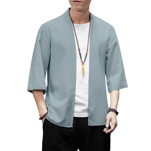 Image of PRIJOUHE Men's Kimono Jackets Cardigan Lightweight Casual Cotton Blends Linen Seven Sleeves Open Front Coat Outwear