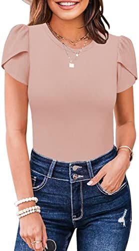 MISSJOY Womens Summer Short Sleeve Bodysuits Crew Neck Ribbed Petal Sleeve Stretchy Slim Fit Leotards Tops