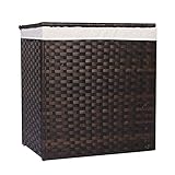 TENGREEN Rattan Laundry Hamper, Fold-able Clothes Basket with Removable Liner Bag, Handles and Lid for Bedroom and Bathroom, Dark Brown