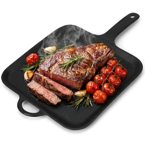 Ferrochef 12 Inch Cast Iron Square Griddle, Seasoned Flat Skillets with Ring Handle, Cast Iron Square Griddle Pan for Stove Top, Stylishly Designed &heat Resistant for Kitchen Cooking