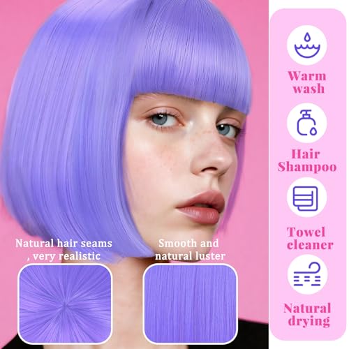 Image of LIULIUBTY Short Bob Hair Wigs Straight with Flat Bangs Synthetic Colorful Cosplay Daily Party Neon Wig for Women + Free Wig Cap 12 inch Natural As Real (Violet)