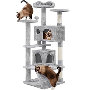 Yaheetech Kratzbaum Kletterbaum 139 cm hoch Katzenkratzbaum, Stabiler Katzenbaum mit 3 Plattformen, 3 Kratzsäulen, 2 Höhle, Plüschbälle Katzenmöbel, Hellgrau
