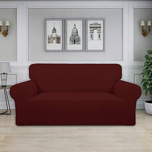 Image of Easy-Going Stretch Oversized Loveseat Slipcover 1-Piece Sofa Cover Furniture Protector Couch Soft with Elastic Bottom for Kids Polyester Spandex Jacquard Fabric Small Checks Wine
