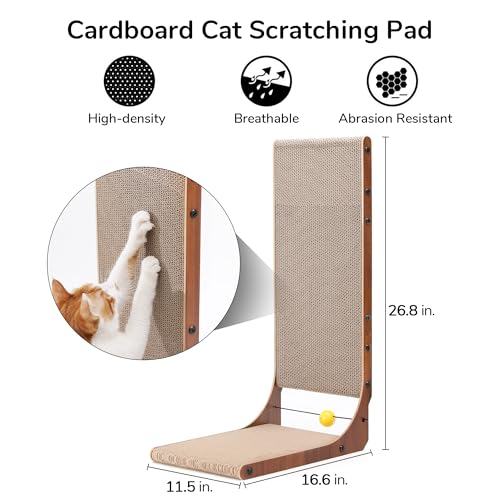 Image of FUKUMARU Cat Scratcher, 26.8 Inch Cat Scratch Pad for Indoor Cats, L Shaped Cardboard Vertical Cats Scratching Board with Ball Toy, Walnut Color, 2 Packs