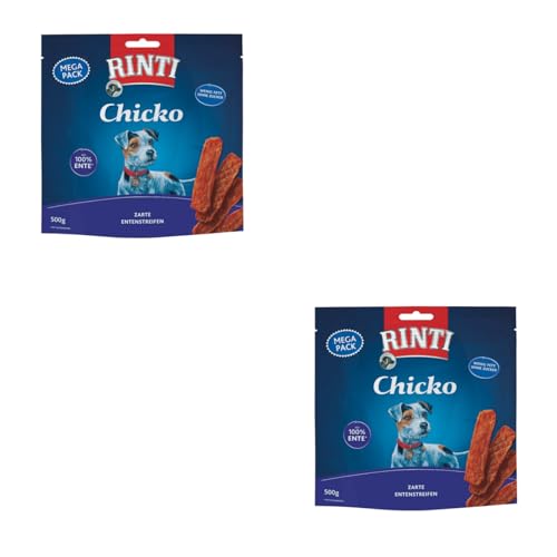 Rinti Chicko zarte Entenstreifen | Doppelpack | 2 x 500 g | Snack für Hunde aus frischer Entenbrust | Ohne Fleischmehle und Soja | Schonend luftgetrocknet und leicht bekömmlich