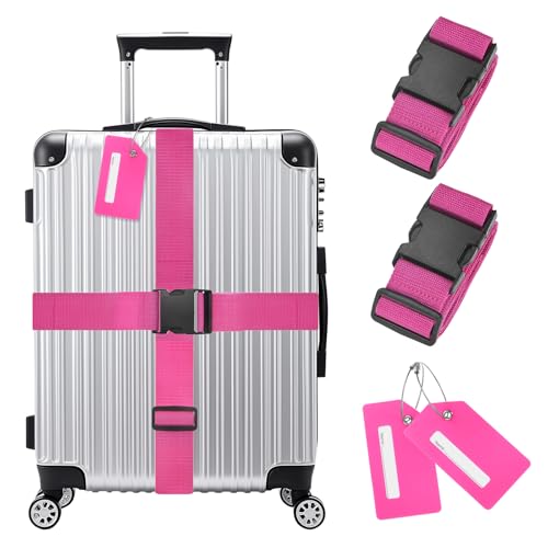 Image of M METERXITY 2-Sets Luggage Straps TSA Approved, Travel Straps for Luggage Suitcase Tags Set, Adjustable Suitcase Belt [Rose Red]