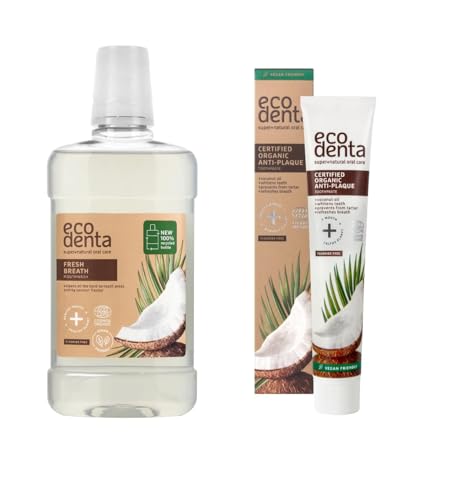 Ecodenta - Pasta de Dientes y Enjuague Bucal de Coco Sin Flúor - Sin Alcohol - Blanqueamiento - Orgánico y Vegano