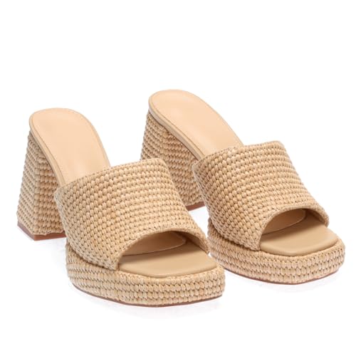 Image of Monrovia Raffia Platform Sandals for Women Slip-On Espadrille Wedges Slides, Flatform Woven Straw Summer Vacation Beach Shoes