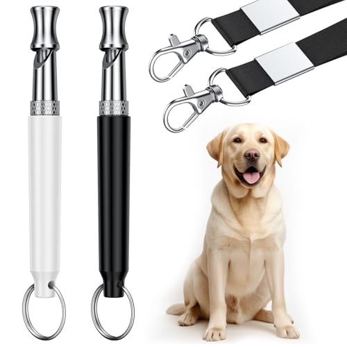 Atevn Dog Whistle, 2 Pack Dog Training Whistle with Lanyard, Adjustable Ultrasonic Silent Dog Recall Whistles, Professional Dog Whistle to Stop Barking Neighbors Dog (White and Black)