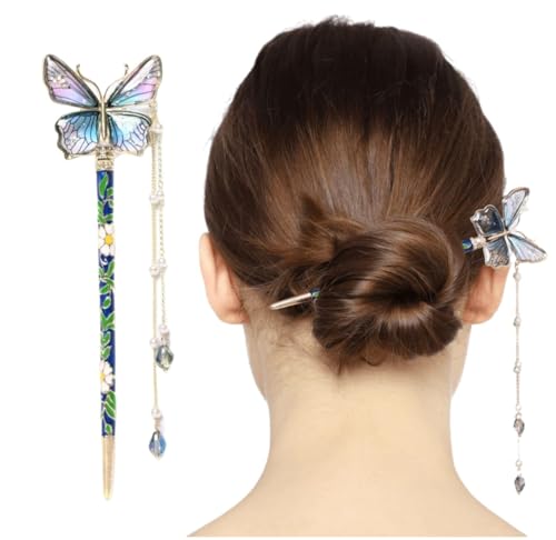 Image of INHEAVEN Decorative Butterfly Juda Hair Pin with Pearl Dangles, Green and Gold Metal Hair Stick, Traditional Japanese Style Hair Accessory, Multicolor
