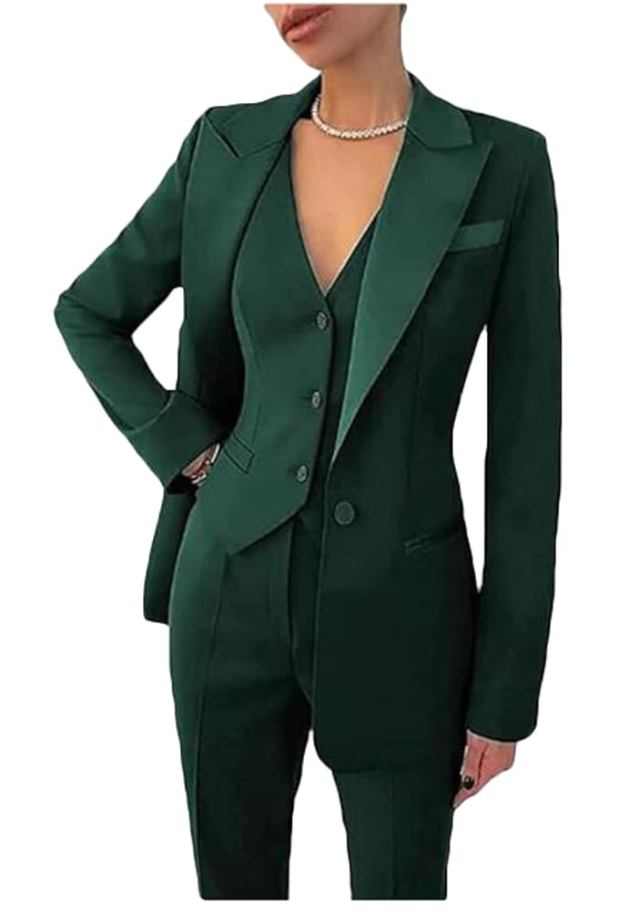 Botong Women's 3 Piece Office Work Suit Blazer Vest Pants Business Outfits Pants Suit Set Prom Party Suit Dark Green L