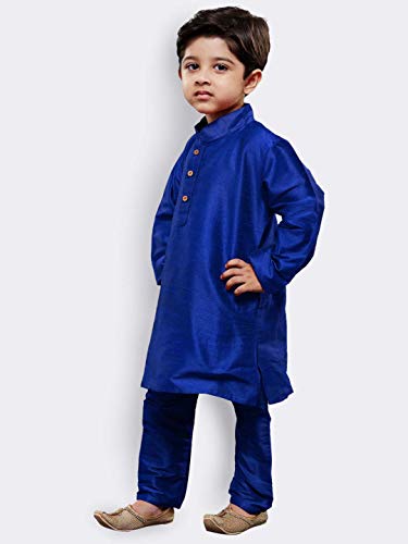 Image of VASTRAMAY Boys' Blue Silk Blend Kurta Pyjama Set with Muslim Prayer Cap & Full-Length Slip-On Pyjama with Elastic Waistband - Ethnic Wear for Eid