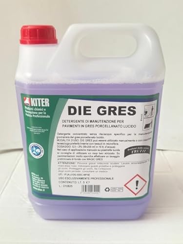 Detergente senza aloni Kiter Die Gres ad acidità controllata per pavimenti in gres porcellanato lucido e opaco, ceramica, granito e pietre silicee. Profumo frutti, 5 lt