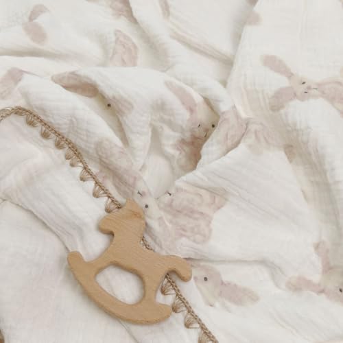 Image of Double Layered 100% Cotton Muslin Baby Blanket Ultra-Soft 40x40 Inch Swaddling Nursery Crib Blanket(Bunny)