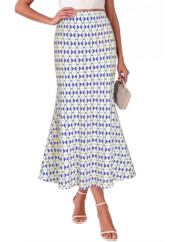 BTFBM Midi Skirts for Women 2026 Summer Spring Lightweight A Line High Waisted Wedding Guest Party Silk Long Skirt(Plaid Blue, Small)