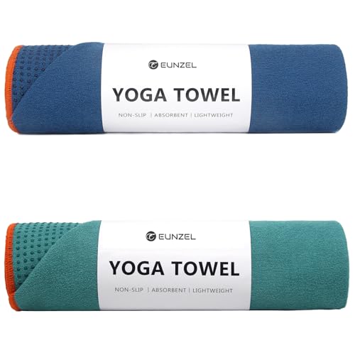 Eunzel 2 Pack Hot Yoga Towel with Grip Dot, Non Slip Yoga Mat Towe Sweat Absorbent Towel for Hot Yoga,Bikram, Pilates and Fitness 72' x 24', Dark Cyan/Steel Blue