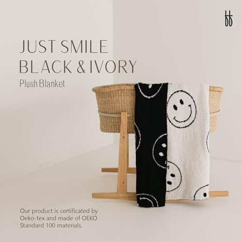 forever french Baby Plush Blanket | for Infant Toddler and Newborn | Receiving Blanket | 100% Microfiber Feather Yarn | Soft Warm Cozy for Crib Stroller & Travel | 45"x45" (Just Smile Black & Ivory)3