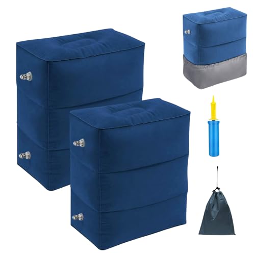 Image of Inflatable Travel Foot Rest Pillow - 3-Layer Adjustable Height Leg Rest for Airplane, Car, Office & Toddler Flight Seat Extender - Soft Flocked PVC, Portable with Pump & Dust Bag (Pack of 2, Blue)