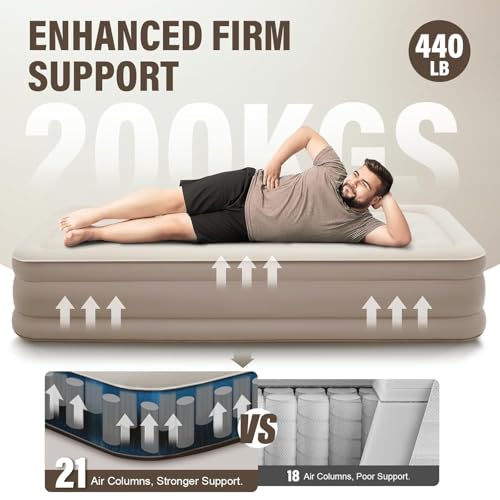 Image of Single Airbed, Inflatable Mattress, 191x99x40cm, Brown, Waterproof, 200kg Capacity, Plush, Minimalist, Inflates in 3 Mins, Suitable for Home & Camping