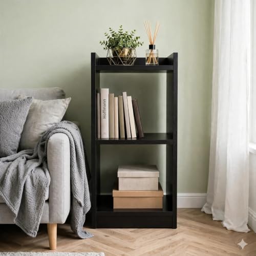 Image of SBF Furniture 3 Tier Wooden Bookshelf, Engineered Wood Book Rack, Multipurpose Storage Shelf for Books, Decor & Kitchen, Compact Space-Saving Shelf (BK)
