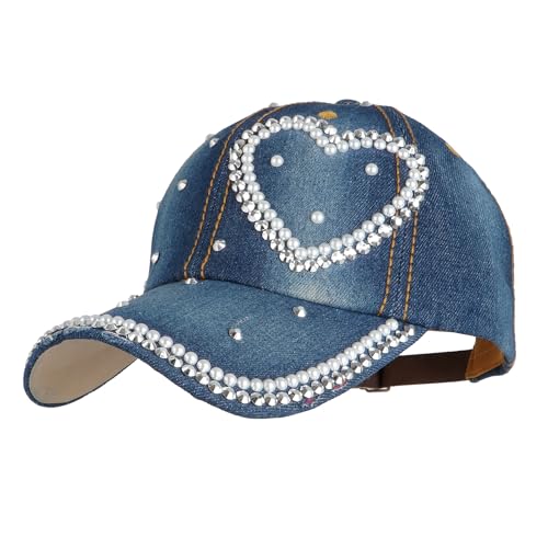 Hoce Gorra de béisbol de mezclilla con diamantes de imitación para mujer, love-2, 7 1/4-7 3/4