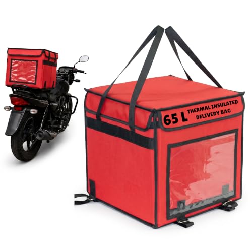 Image of Thermal Insulated DELIVERY Bag - 15x15x15 Inches | Commercial Grade Food & Grocery Delivery Bag for Bike & Scooter | Waterproof 6-Layer Insulation for Pizza, Ice Cream & Catering (Red)