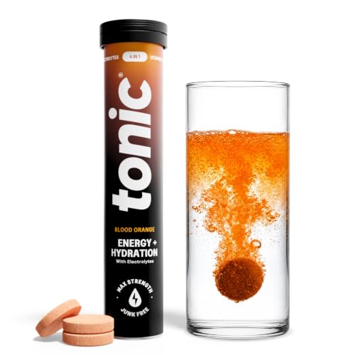 Tonic Health Energy and Hydration Tablets - 15 Vitamins Minerals Plants with Panax Ginseng No Sugar Effervescent Multivitamins - Rehydration Electrolytes Tablets Blood Orange 20 Count
