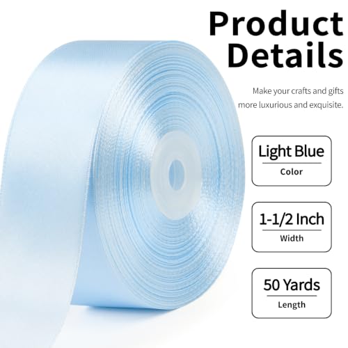 Image of Mauproy 1-1 /2 Inch Wide Light Blue Satin Ribbon, 50 Yards Baby Blue Solid Polyester Fabric Ribbon for Roses Making, Gift Wrapping, Flower Bouquets, Wedding Decorations, Handmade Crafts