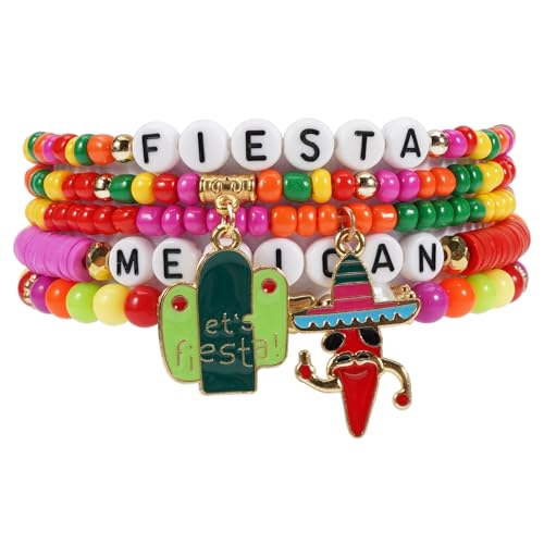 Lonext Cinco de Mayo Beaded Bracelet Stackable Mexican Fiesta Stretch Bracelet Holiday Sombrero Chili Pepper Pinata Festive Charm Bracelets3