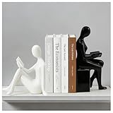 Decorative Bookends Set, Ceramic Book Ends for Shelves, Home Office Aesthetic Book Stopper, Reading Book Holder Statues for Bookshelf Bedroom Living Room Decor (Black and White)