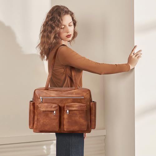 Image of KALIDI Tote Bag Vegan Leather Women Pocket Utility Bag Faux Leather Shoulder Travel Purse Vintage Handbag for Work