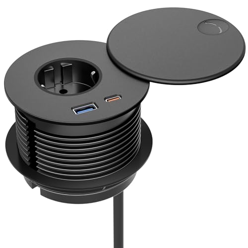 Airmom einbau steckdosenleiste mit PD 20W USB-C, Einbausteckdose mit Deckel und USB für Möbel Tischplatte, Tischsteckdose Einbau Schwarz 2M Kabel