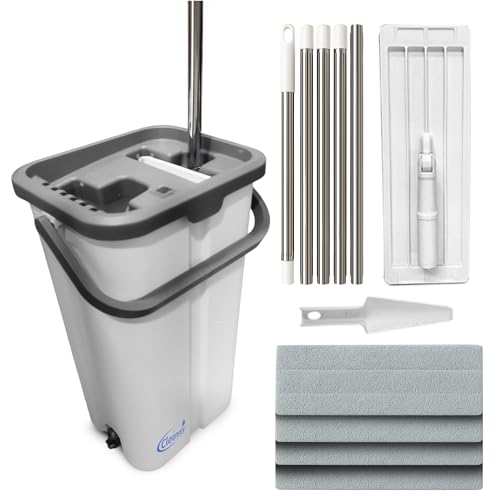 Cleannly Mopa Fregona con Cubo Escurridor - Mopas de Limpieza Suelos - Mopa para Limpiar Azulejos y Paredes - Fregona Autoescurrible - Cubo Fregona Dos Compartimentos - 4 Almohadillas de Microfibra