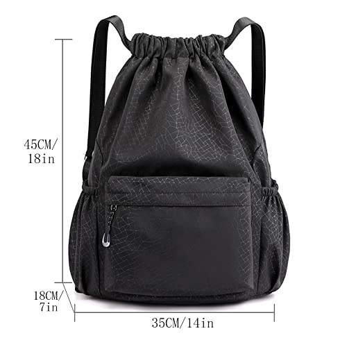 Image of HOLYLUCK Drawstring Backpack Sports Gym Bag Water Resistant String Bag Cinch Sackpack with Side Zipper Pocket for Shopping Sport Yoga -black