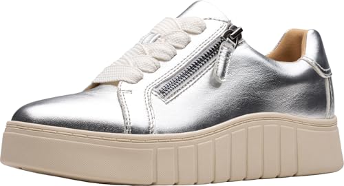 Clarks Women’s Mykah Joy Platform Fashion Sneaker, Silver Leather, 7.5