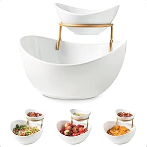 YHOSSEUN Chip and Dip Serving Set 2 Tiered Oval Dip Bowls with Metal Rack for Appetizer, Dessert, Fruit – Serving Bowls for Party Entertaining, Food Dispaly, Tortilla Holder – Gold Stand