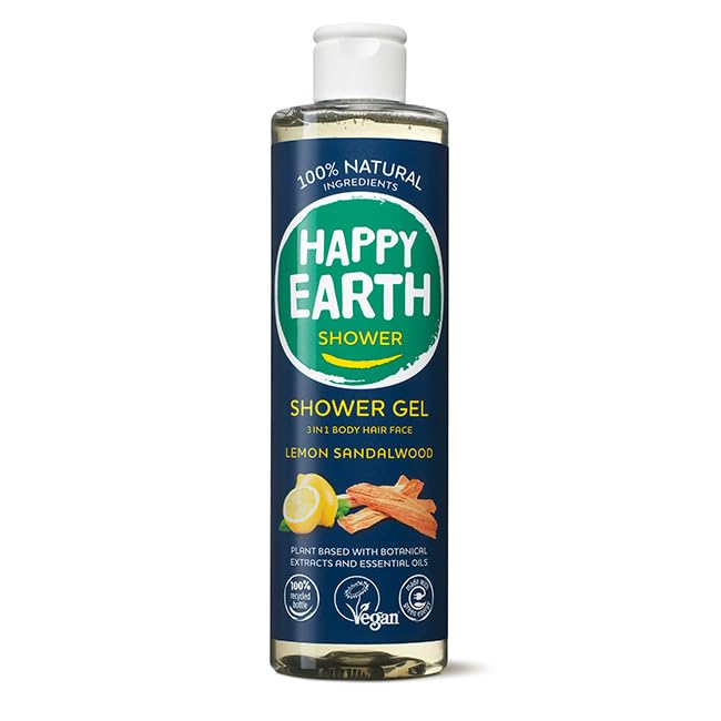Happy Earth Gel de Ducha - Para Hombres y Mujeres - Gel de Ducha - 100% Ingredientes Naturales & Veganos - Sándalo de Limón - 300 ML