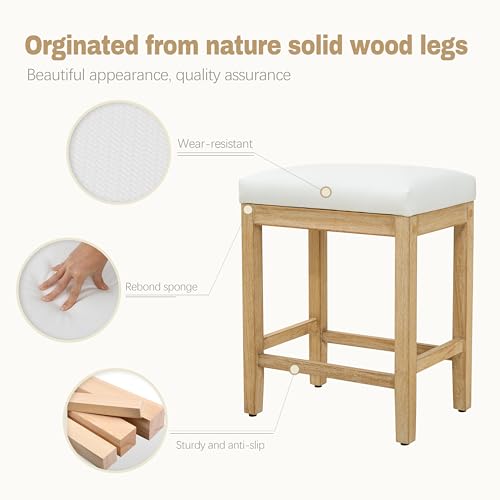 Image of RNKSFX Counter Height White Bar Stools Set of 6 for Kitchen Counter Farmhouse Modern Barstools with Faux Leather Upholstered Backless Seat and Solid Wood Legs 24 inch Bar Chairs, White + Wood Color